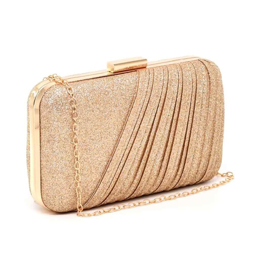 Официална дамска чанта клъч обсипана със ситен брокат златна със златен обков