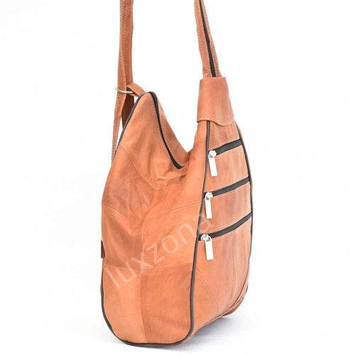 Дамска раница-чанта от естествена кожа 2 в 1 с външни джобчета, светло кафява
