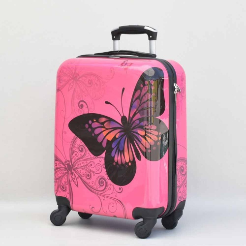 Куфар за ръчен багаж Пеперуда розов 55/40/20 см. за RAYANAIR и WIZZAIR  твърд, с колелца