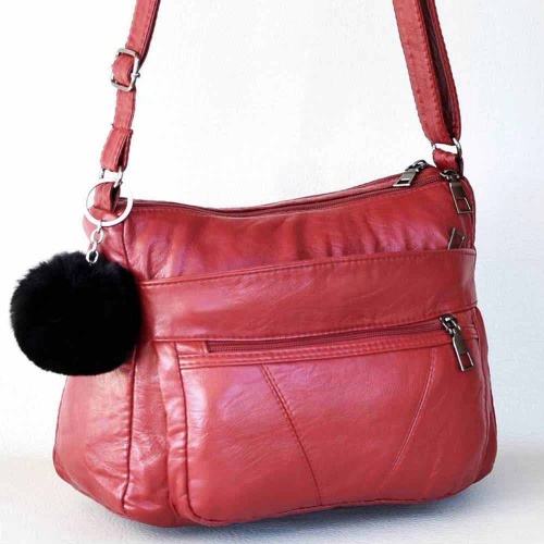 Евтина дамска чанта за през рамо от мека варена еко кожа, с две отделения и много джобчета, червена + ПОДАРЪК висулка