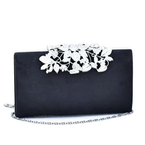 Официална дамска чанта, клъч от велур и красива катарама цветя от блестящи камъни, черна