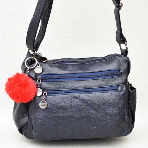 Дамска чанта за през рамо от висококачествена еко кожа, с две отделения, тъмно синя + ПОДАРЪК висулка