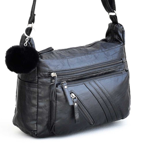 Евтина дамска чанта за през рамо от мека варена еко кожа, с много отделения + ПОДАРЪК висулка