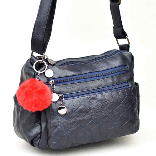 Дамска чанта за през рамо от висококачествена еко кожа, с две отделения, тъмно синя + ПОДАРЪК висулка