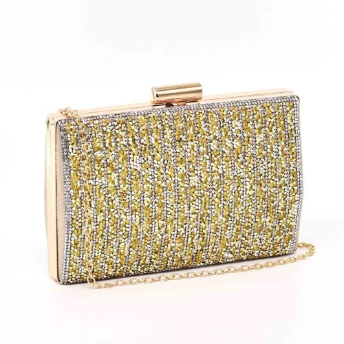 Официална дамска чанта клъч с камъни златна със златен обков