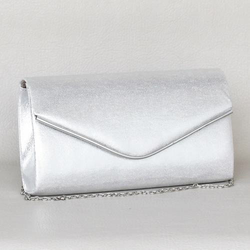 Дамска чанта клъч тип плик с капак официална с блестящ ефект сребърна