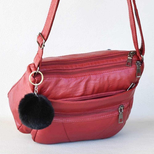 Евтина дамска чанта за през рамо от мека варена еко кожа, с две отделения и много джобчета, червена + ПОДАРЪК висулка