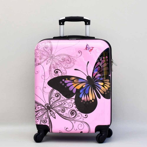 Куфар за ръчен багаж Пеперуда светло розов 55/40/20 см. за RAYANAIR и WIZZAIR  твърд, с колелца