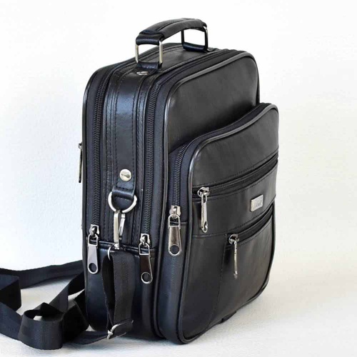 Мъжка чанта от естествена кожа, вертикална, височина 24 см, черна