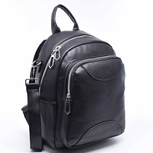 Дамска раница / чанта от еко кожа, с метални ципове, изчистен модел, черна