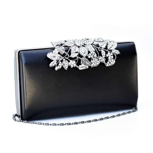 Официална дамска чанта, клъч от еко кожа и красива катарама цветя от блестящи камъни, черна