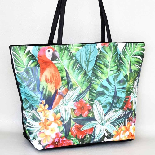 Плажна чанта евтина от непромокаем плат с цип, с екзотични цветя и папагал