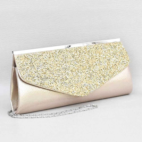 Официална дамска чанта, тип плик, с красиви камъни, ефектен модел, златна