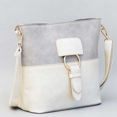 Малка дамска чанта за през рамо, тип преметка с декоративна катарама, цвят-сив и кремав