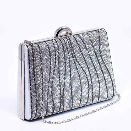 Официална дамска чанта, клъч с блестящи  камъчета, къса и дълга дръжка, сребърна