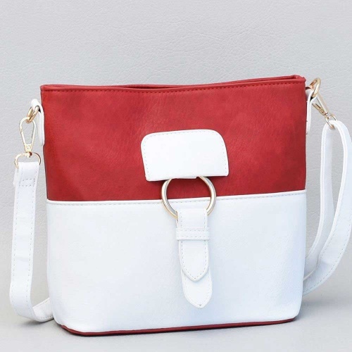 Малка дамска чанта за през рамо, тип преметка с декоративна катарама, цвят-бял и червен