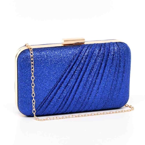 Официална дамска чанта клъч обсипана със ситен брокат синя със златен обков