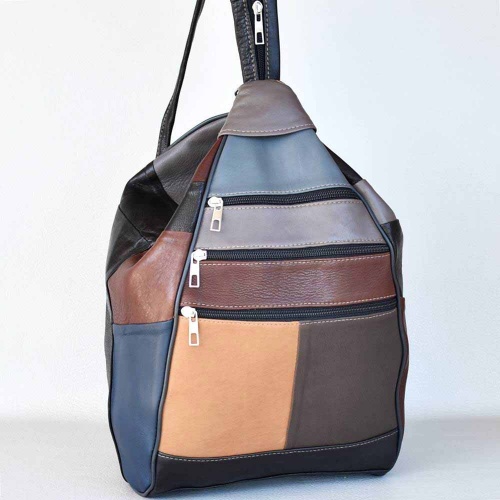 Дамска раница-чанта от естествена кожа 2 в 1 с много външни джобчета, тъмни пастелни цветове