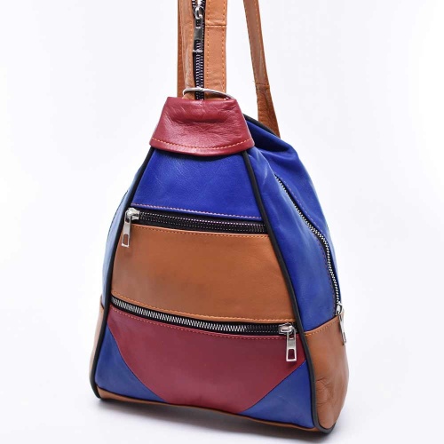 Малка дамска раница-чанта от естествена кожа, с много външни джобчета, тъмни пастелни цветове