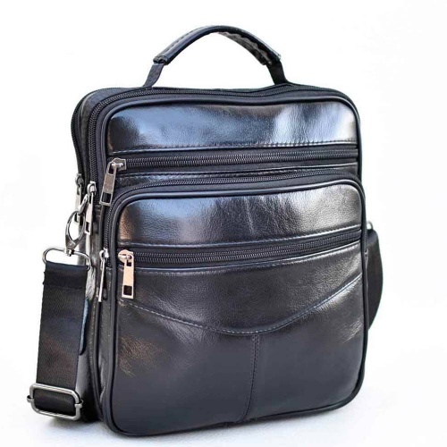 Мъжка чанта от естествена кожа с много отделения, височина 26 см, черна