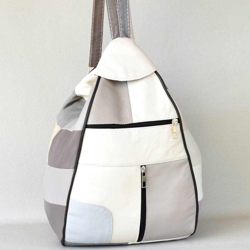 Дамска раница-чанта от естествена кожа с външни джобчета, летни пастелни цветове