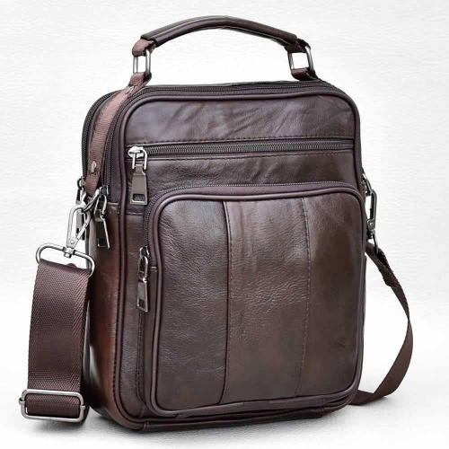 Мъжки чанти: Мъжка чанта от естествена телешка кожа с много отделения, височина 25 см, кафява