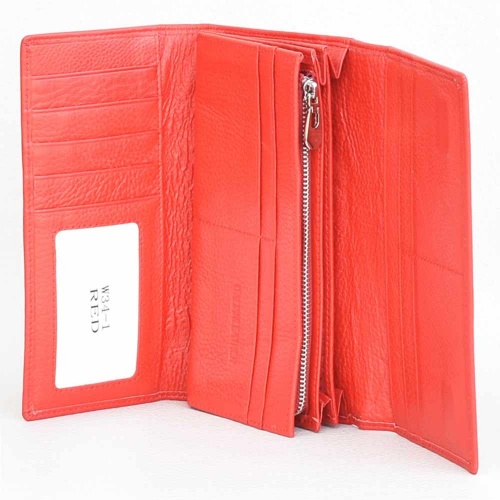 Дамско портмоне от естествена кожа с много отделения за карти, червено