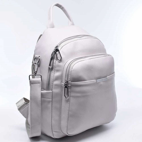 Дамска раница / чанта от еко кожа, с метални ципове, изчистен модел, светло сива