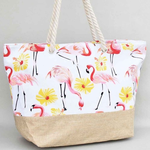 Плажна чанта от плат, затваряне с цип, дръжки от въже, с фламинга и цветя, бяла