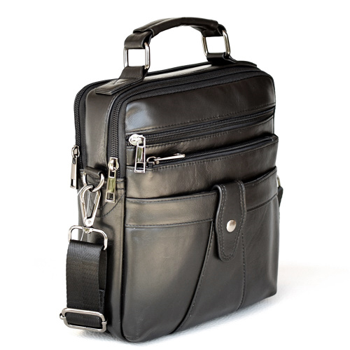 Мъжка чанта от естествена кожа с много отделения, височина 23 см, с къса и дълга дръжка, черна