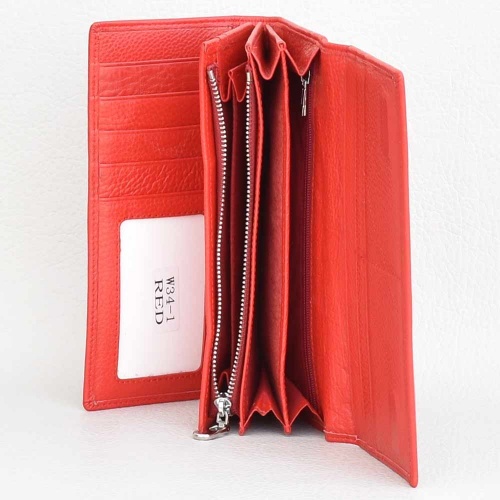 Дамско портмоне от естествена кожа с много отделения за карти, червено