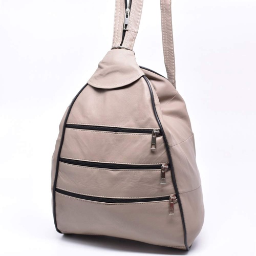 Дамска раница-чанта от естествена кожа с много външни джобчета, бежова