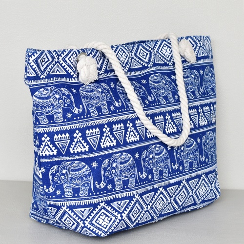 Голяма плажна чанта текстилна синя с етно мотиви затваряне с цип лято 2018