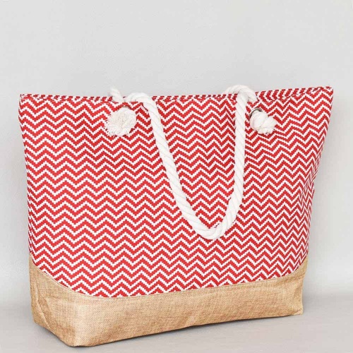 Плажна чанта голяма, с дръжки от въже, ефектен принт в червено и бяло