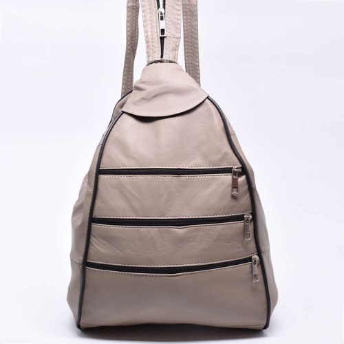 Дамска раница-чанта от естествена кожа с много външни джобчета, бежова