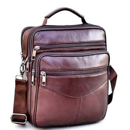 Мъжка чанта от естествена кожа с много отделения, височина 26 см, кафява