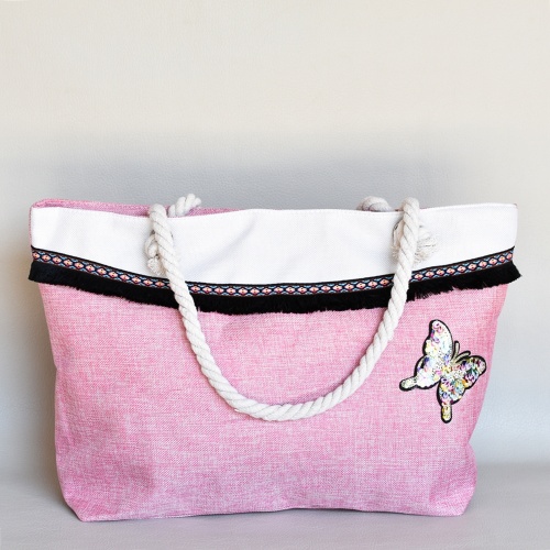 Плажна чанта текстилна с пеперуда от пайети затваряне с цип розова лято 2017