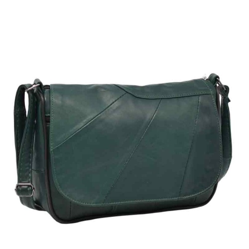 Дамска чанта от естествена кожа с дълга дръжка за през рамо тъмно зелена