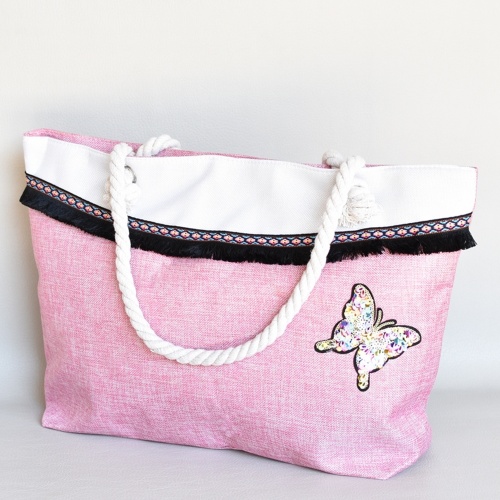 Плажна чанта текстилна с пеперуда от пайети затваряне с цип розова лято 2017