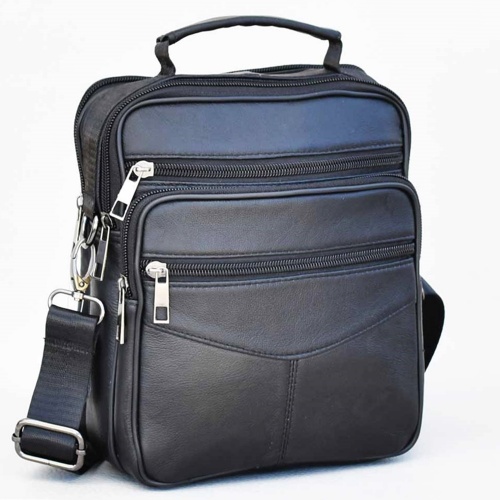 Мъжки чанти: Мъжка чанта от естествена кожа с много отделения, височина 22,5см, черна