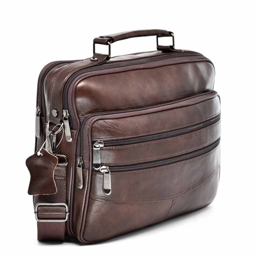 Мъжка чанта от естествена кожа с две отделения и много джобчета, височина 24 см, кафява