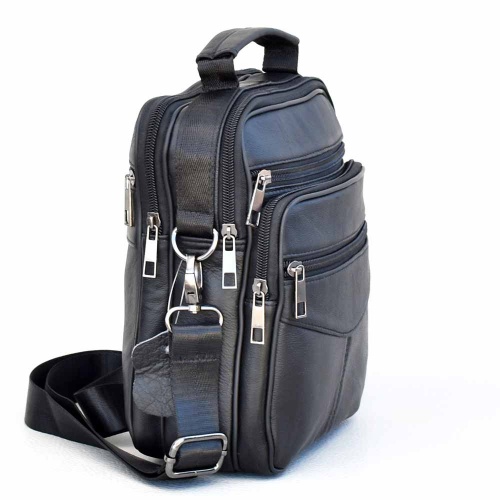 Мъжка чанта от естествена кожа с много отделения, височина 22,5см, черна