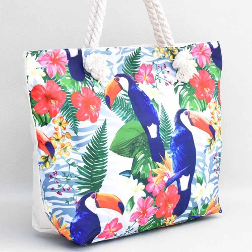 Плажна чанта голяма от непромокаем плат, с тукани и екзотични цветя, бяла