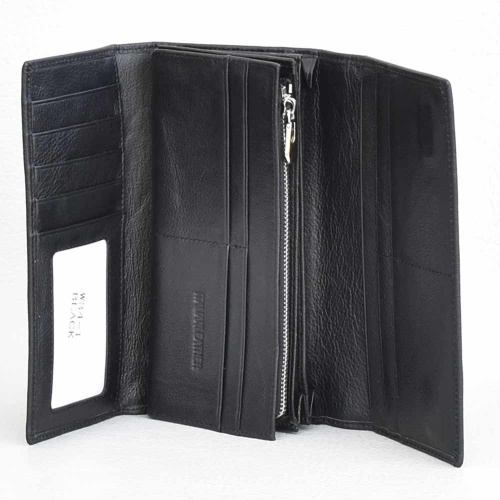 Дамско портмоне от естествена кожа с много отделения за карти, черно