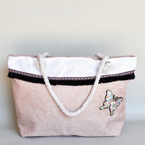 Плажна чанта текстилна с пеперуда от пайети затваряне с цип светло розова лято 2017