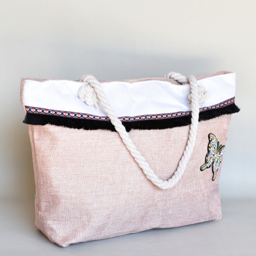 Плажна чанта текстилна с пеперуда от пайети затваряне с цип светло розова лято 2017
