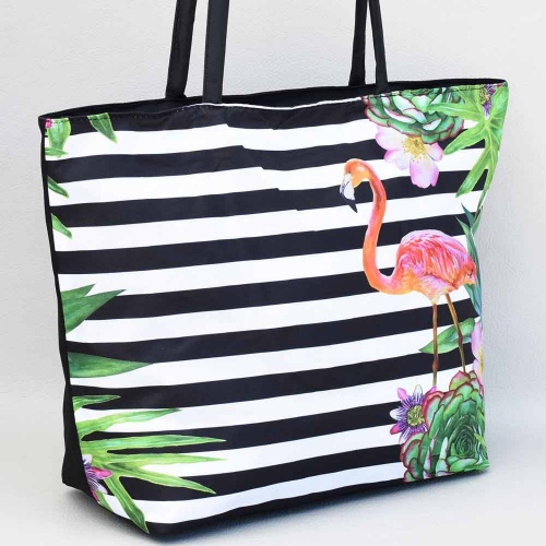 Плажна чанта евтина непромокаема, затваряне с цип, на райета с фламинго и цветя