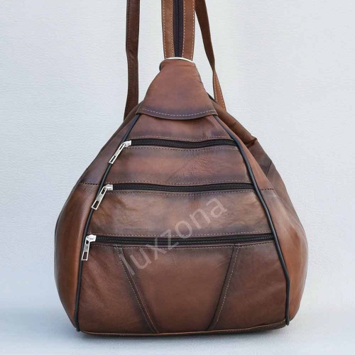 Дамска раница-чанта от естествена кожа с много външни джобчета, кафява