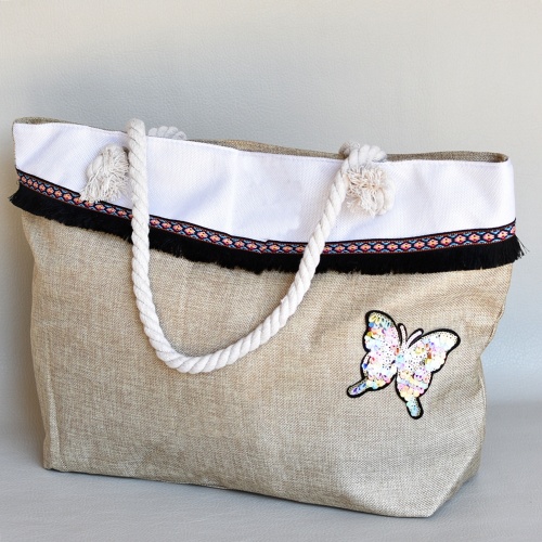 Плажна чанта текстилна с пеперуда от пайети затваряне с цип бежова лято 2017