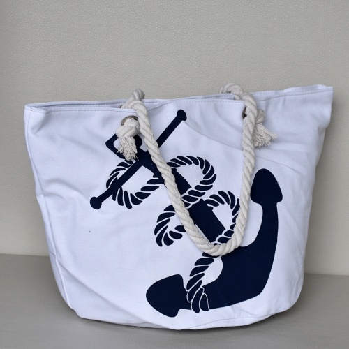 Много голяма плажна чанта бяла с котва текстилна с цип ЛЯТО 2018
